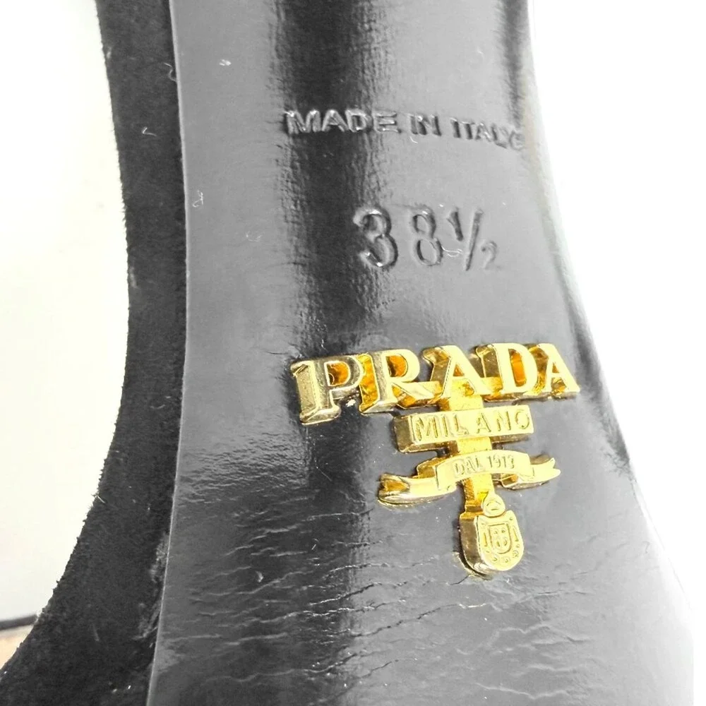 Prada Black‎ Suede Platform Sandals Ankle Strap Heels 38.5
